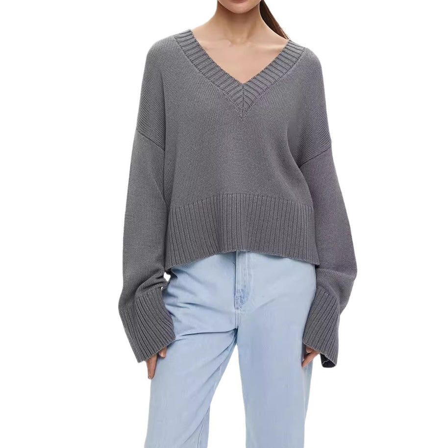 Damen Strickpullover mit tiefem V-Ausschnitt und lässigem Schnitt WW