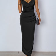 Damen figurbetontes Abendkleid mit V-Ausschnitt und elegantem Drapierungsdesign WW