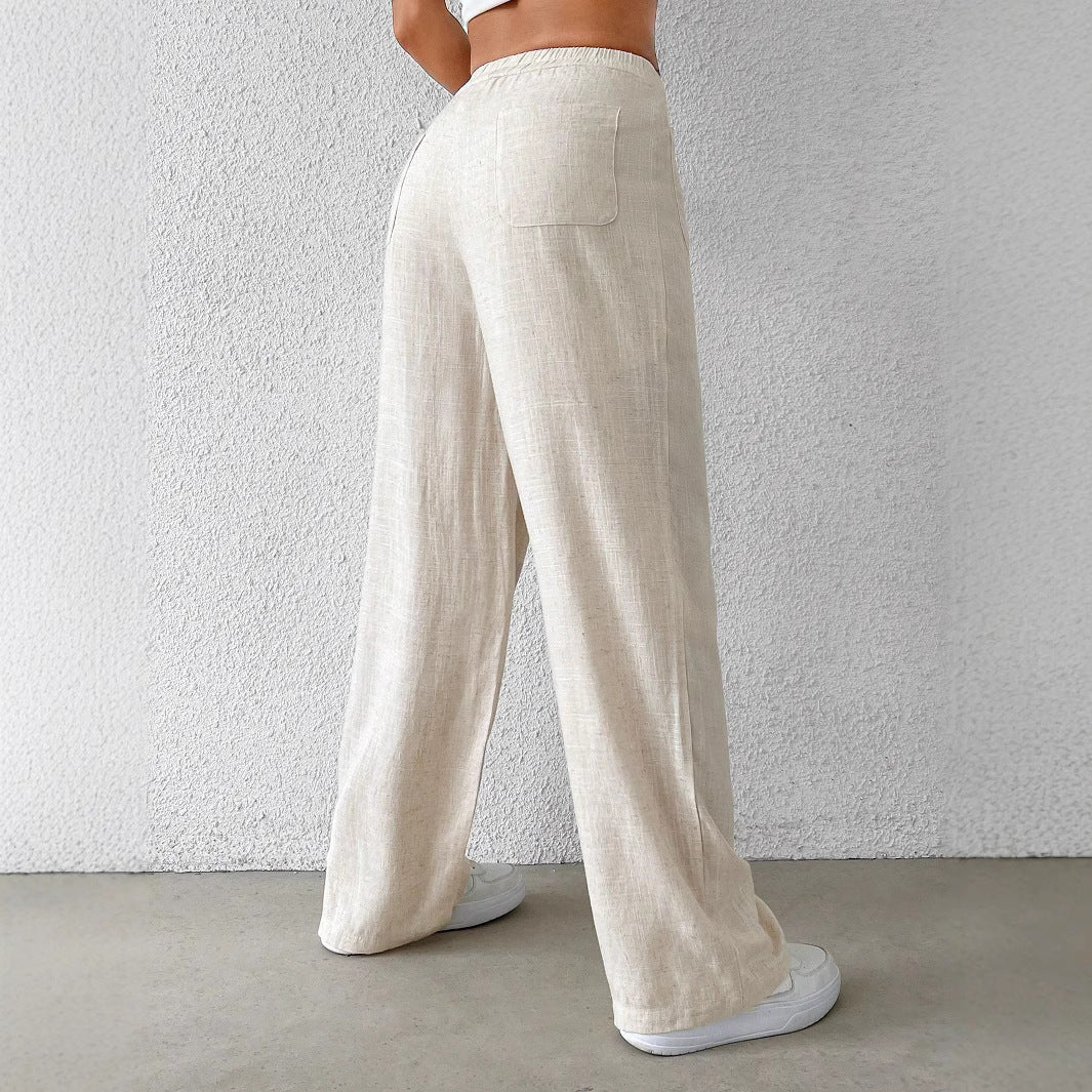 Damen weite Leinenhose mit elastischem Bund und praktischen Taschen WW