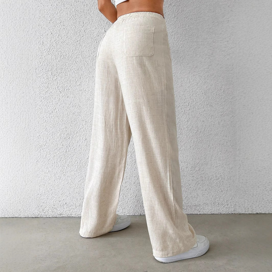 Damen weite Leinenhose mit elastischem Bund und praktischen Taschen WW
