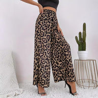 Damen Weite Leopard-Hosen aus fließendem Material mit elastischem Bund WW