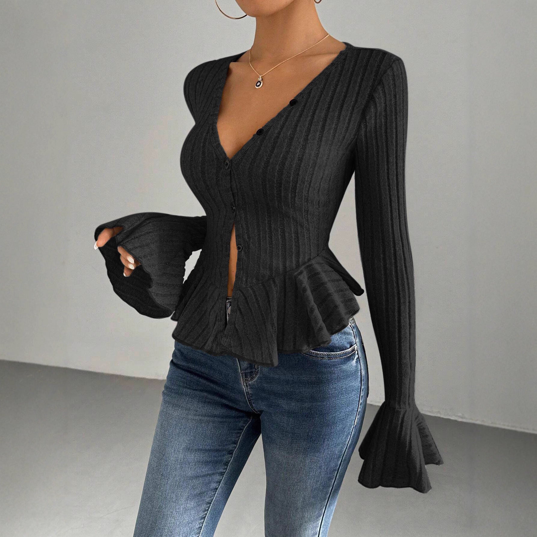 Damen Strickoberteil mit raffiniertem Kellerfalten-Design und Knopfleiste WW