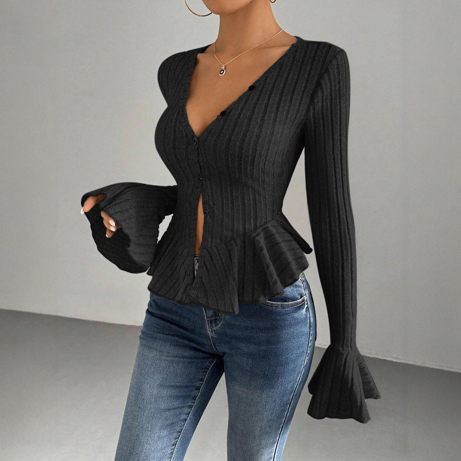 Damen Strickoberteil mit raffiniertem Kellerfalten-Design und Knopfleiste WW