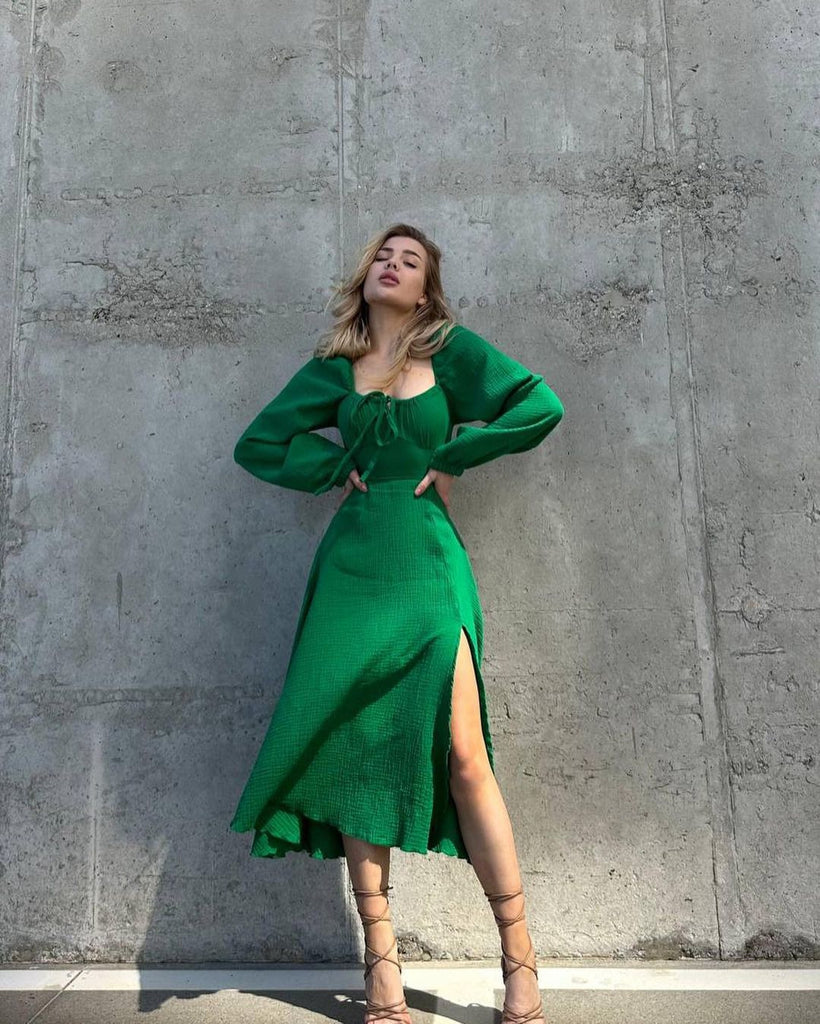 Damen Midi-Kleid mit Ballonärmeln und Schnürung WW