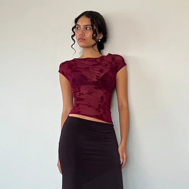 Damen Spitzenoberteil mit floralem Muster und transparenter Gestaltung W&W