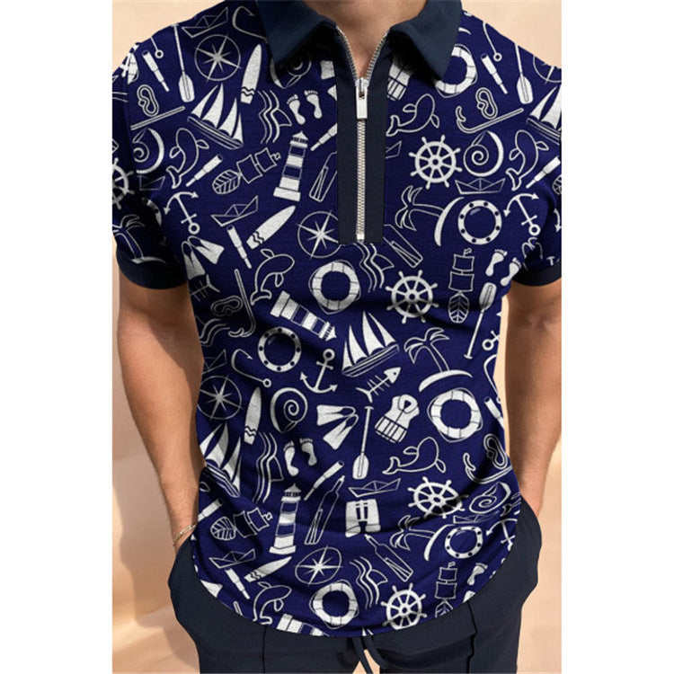 Herren Poloshirt mit maritimem Motiv und modernem Reißverschluss WW
