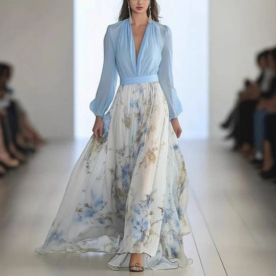 Damen Maxikleid mit floralem Chiffon und eleganten Puffärmeln WW