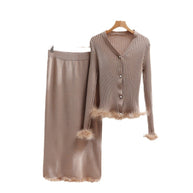 Damen Strickensemble mit feinem Fellbesatz WW