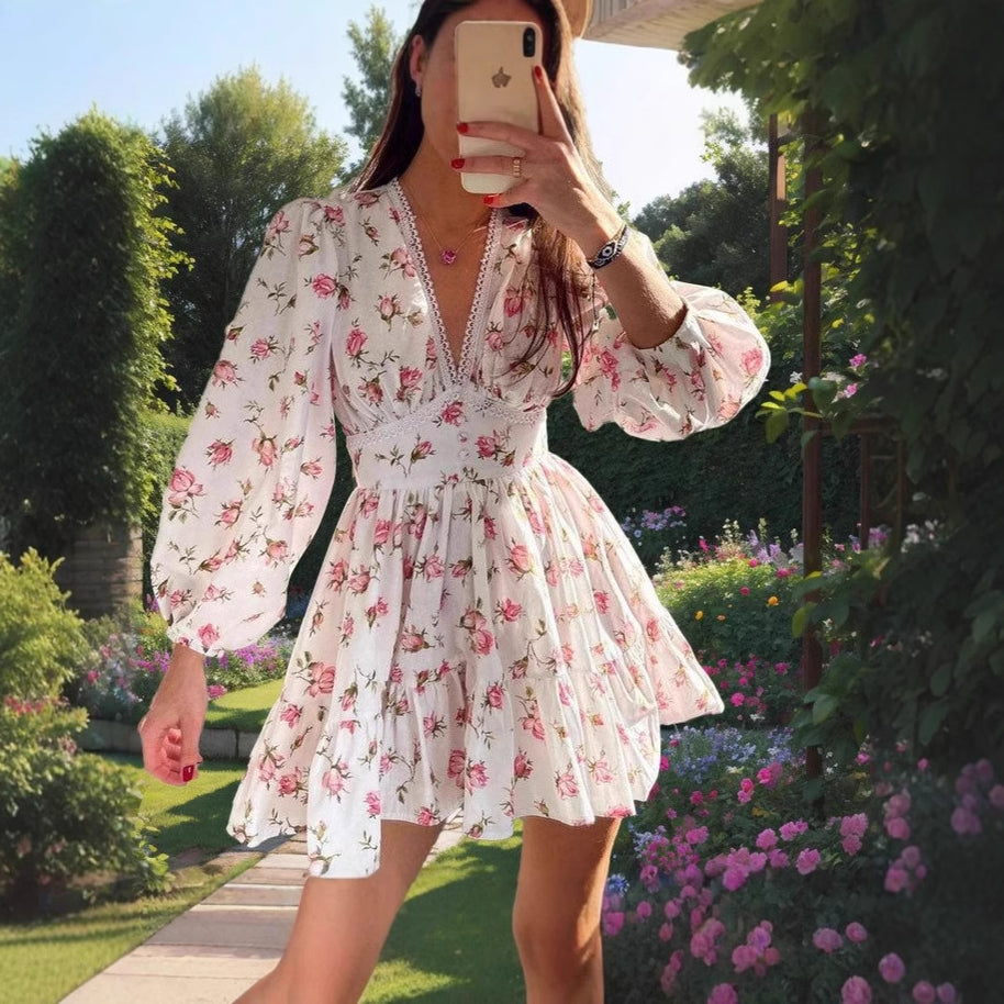 Damen romantisches Blumenkleid mit voluminösen Ärmeln WW