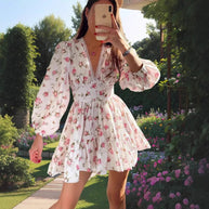 Damen romantisches Blumenkleid mit voluminösen Ärmeln WW