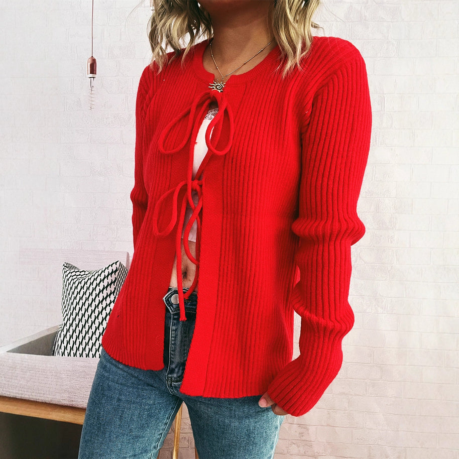 Damen Strickjacke mit dekorativem Schnürdesign und strukturiertem Material WW