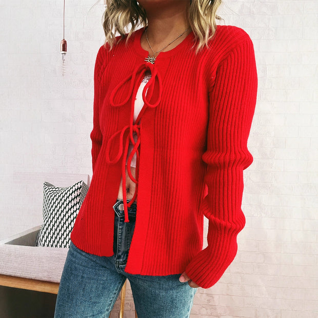 Damen Strickjacke mit dekorativem Schnürdesign und strukturiertem Material WW