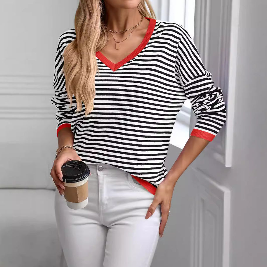Damen lässiger Pullover mit niedrigem V-Ausschnitt und buntem Streifenmuster WW