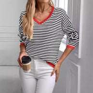 Damen lässiger Pullover mit niedrigem V-Ausschnitt und buntem Streifenmuster WW