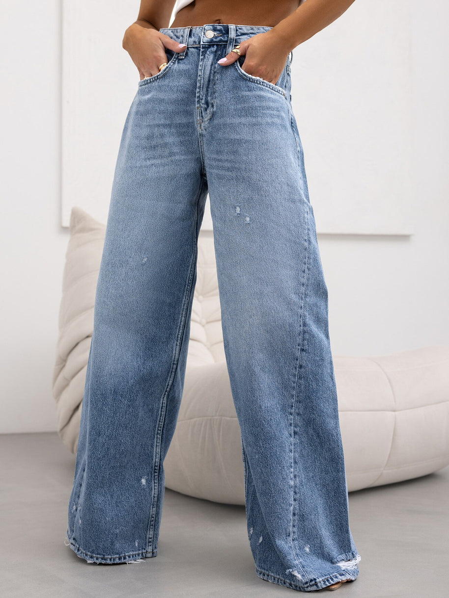 Damen weite High-Waist Jeans mit Distressed-Details WW