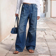 Damen weite High-Waist Denim-Hose mit elastischem Bund WW