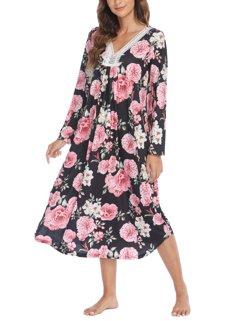 Damen Nachthemd mit floralem Design und Spitzenverzierungen WW