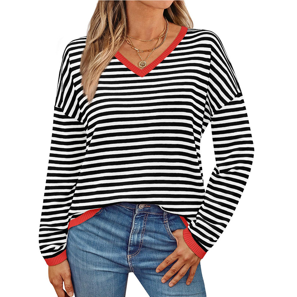 Damen lässiger Pullover mit niedrigem V-Ausschnitt und buntem Streifenmuster WW