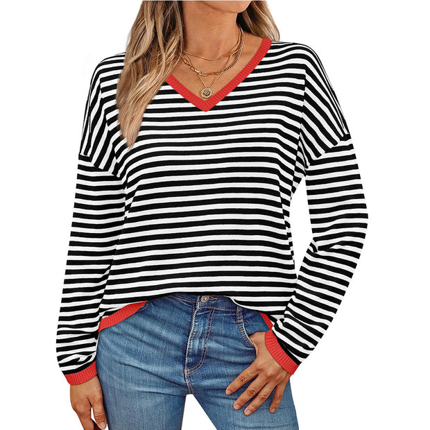 Damen lässiger Pullover mit niedrigem V-Ausschnitt und buntem Streifenmuster WW
