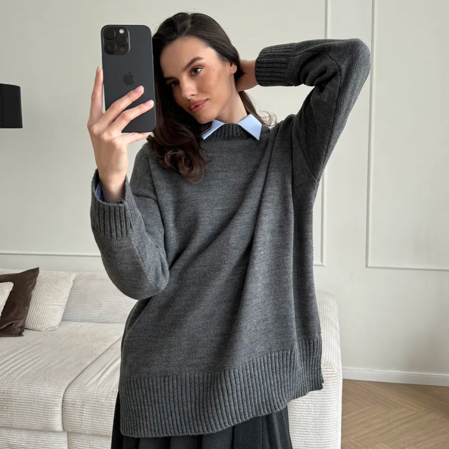 Damen Bequemer und eleganter Strickpullover mit seitlichem Schlitz WW