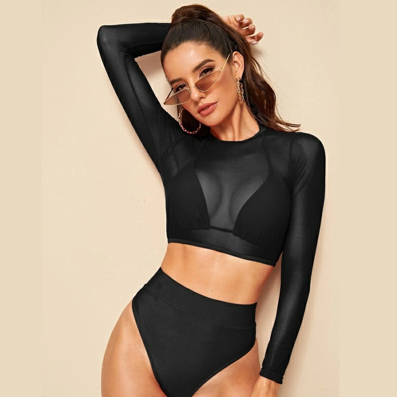 Damen Sport-Bikini-Set mit Langarm-Oberteil und Hoher Taille WW
