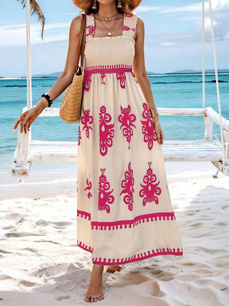 Damen Maxikleid mit floralem Ikat-Muster und schwingendem Rock WW