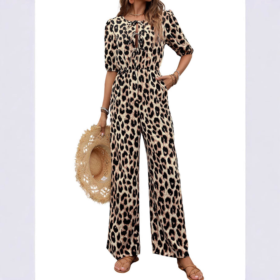 Damen Jumpsuit mit elegantem Wickelausschnitt und modischem Leopardenmuster WW