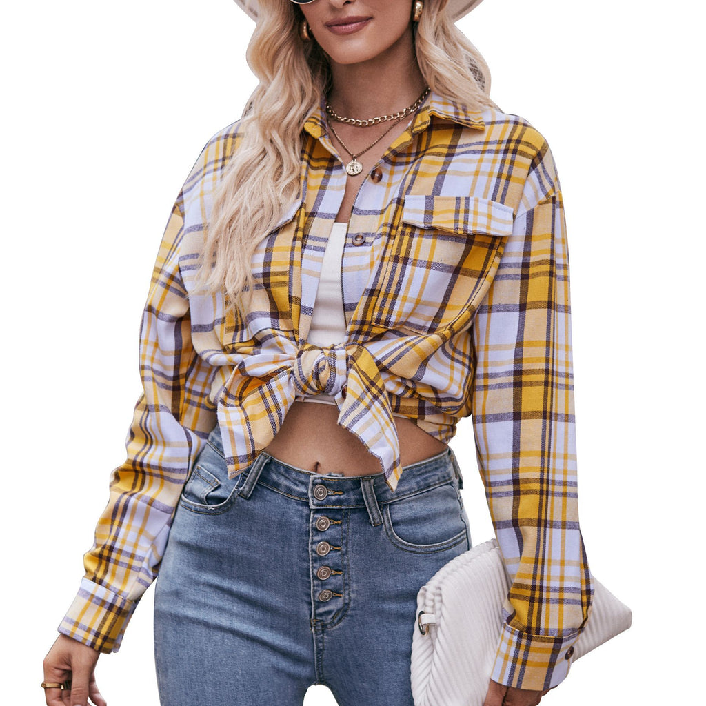 Damen kariertes Hemd mit knopfbarem Frontdesign und lässigem Knoten-Detail WW