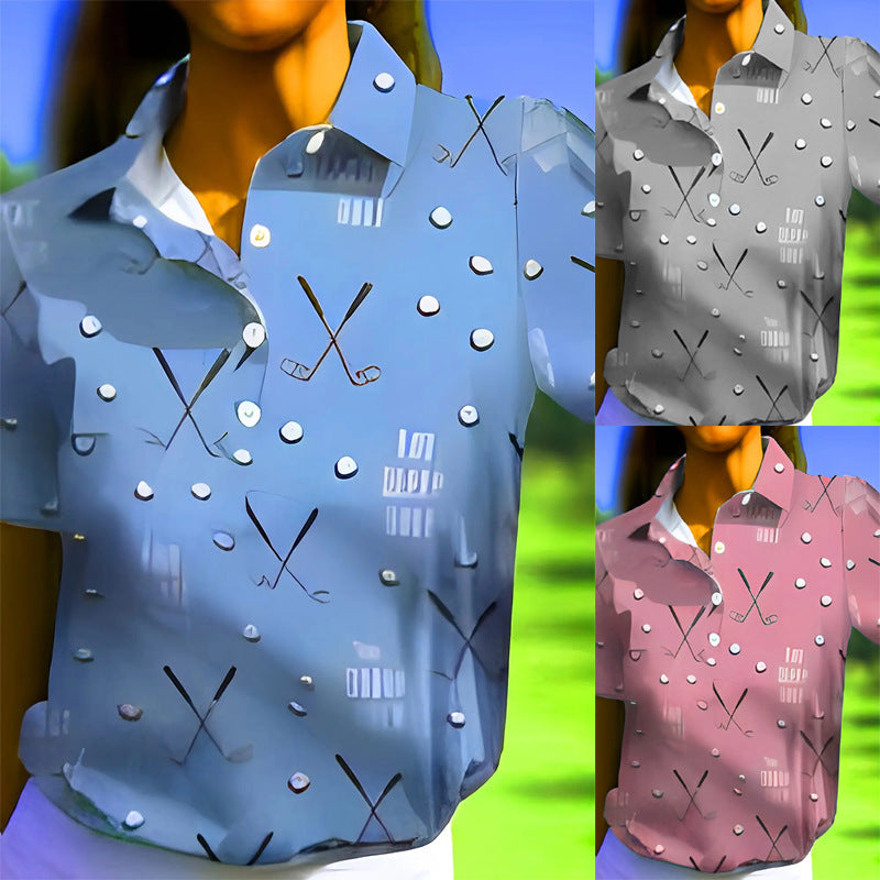 Damen Kurzarm-Hemd mit modischem Golf-Print und komfortablem Schnitt WW