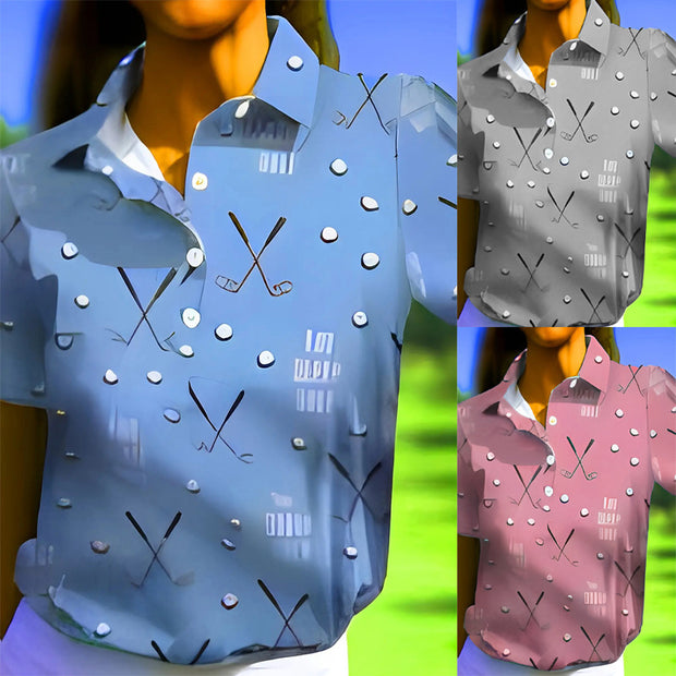 Damen Kurzarm-Hemd mit modischem Golf-Print und komfortablem Schnitt WW