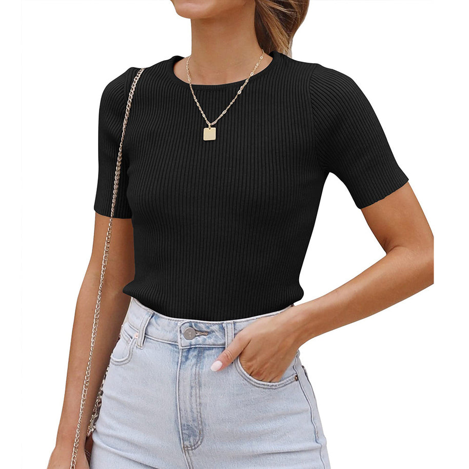 Damen figurbetontes T-Shirt mit feiner Rippstruktur und Rundhalsausschnitt WW
