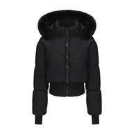 Damen cropped Daunenjacke mit abnehmbarer Kapuze und Kunstfellbesatz WW