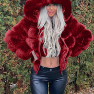 Damen Sportliche Kunstpelzjacke mit Kapuze WW