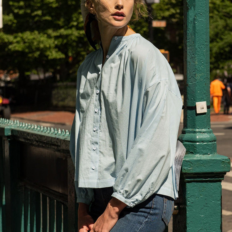 Damen Bluse mit hohem Kragen und eleganter Knopfleiste WW