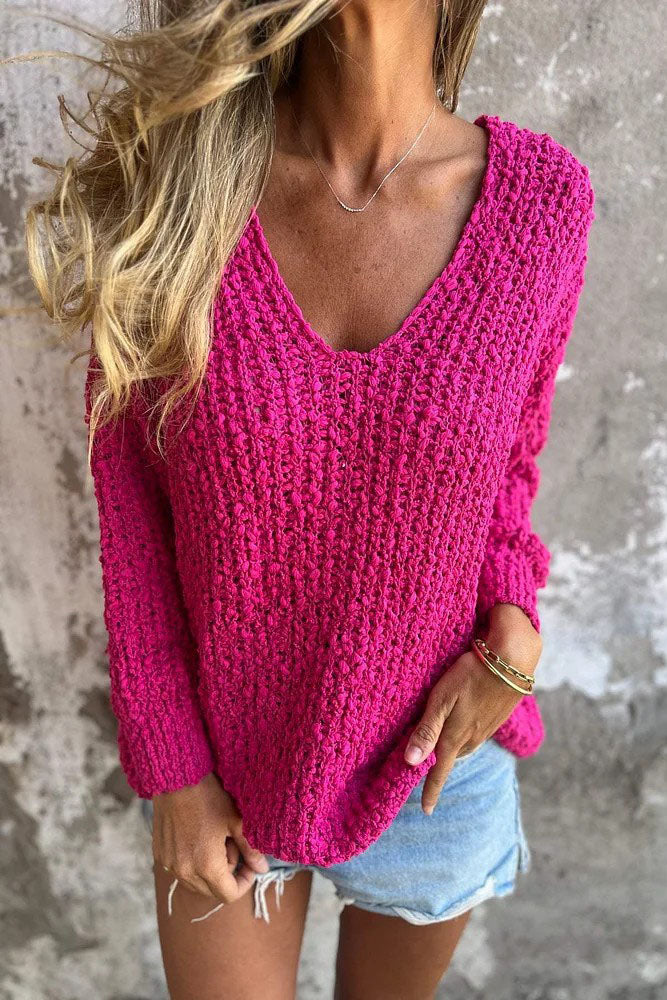 WW Chunky gestrickter V-Ausschnitt gemütlicher langärmeliger Pullover