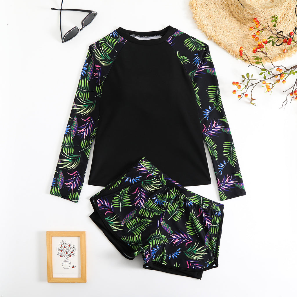 W&W | Langarm Print Spleißen Doppelhose Tankini Badeanzug