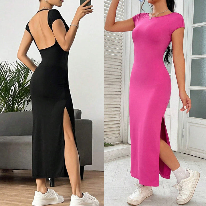 Damen figurbetontes Maxikleid mit kurzem Arm und elegantem Schnitt W&W Mode