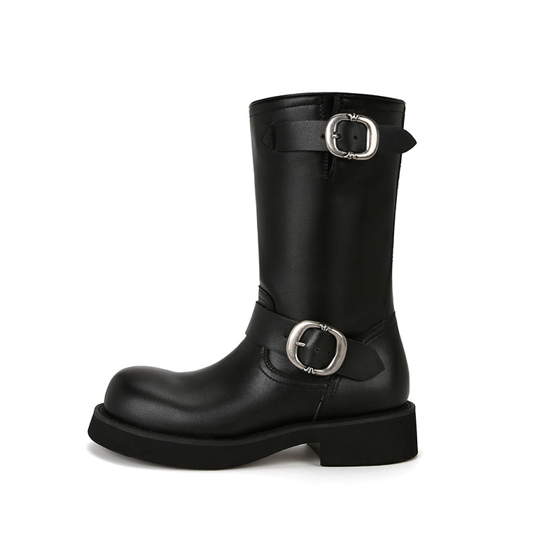 Damen Wildleder Chunky Heel Motorradstiefel mit dekorativem Schnallendetail WW