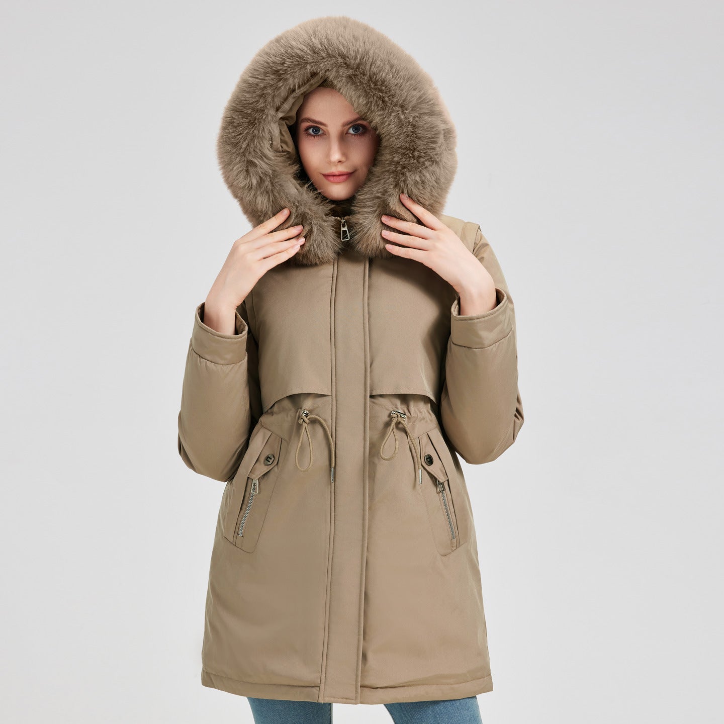 Damen Exklusive Funktionsweste mit abnehmbarer Kapuze und dekorativem Kunstfell WW