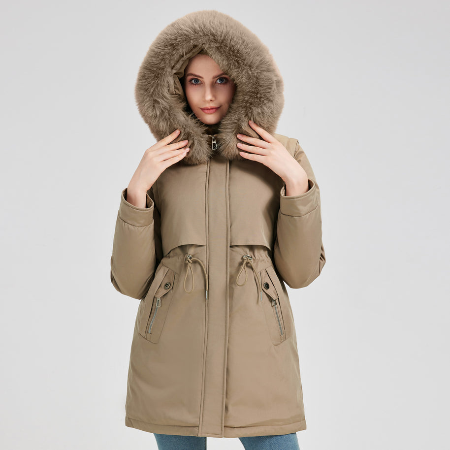 Damen Exklusive Funktionsweste mit abnehmbarer Kapuze und dekorativem Kunstfell WW