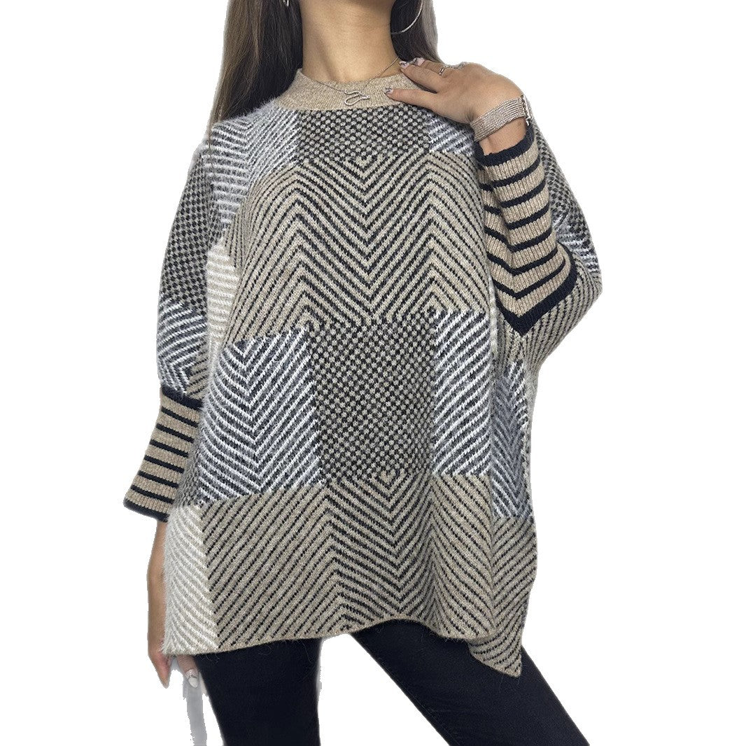 Damen asymmetrischer Strickpullover mit Zickzackmuster WW