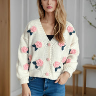 Damen Strickjacke mit floralen Applikationen und knöpfbarem Design WW