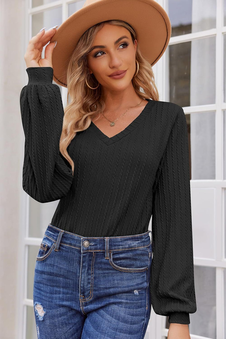 Damen Strickbluse mit feiner Rippstruktur und lässigem V-Ausschnitt WW