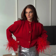 Damen Schicke Strickjacke mit auffälligen Federärmeln WW