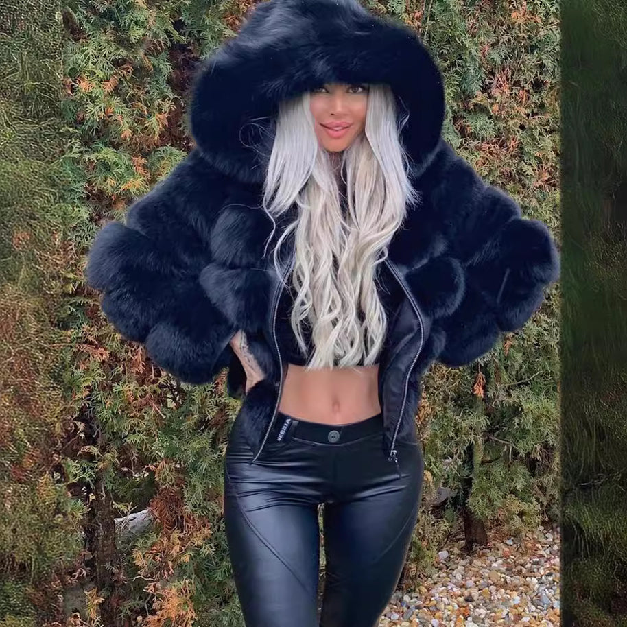 Damen Sportliche Kunstpelzjacke mit Kapuze WW