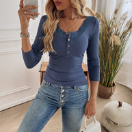 Damen Longsleeve Shirt mit Spitzenkragen und Knopfleiste WW