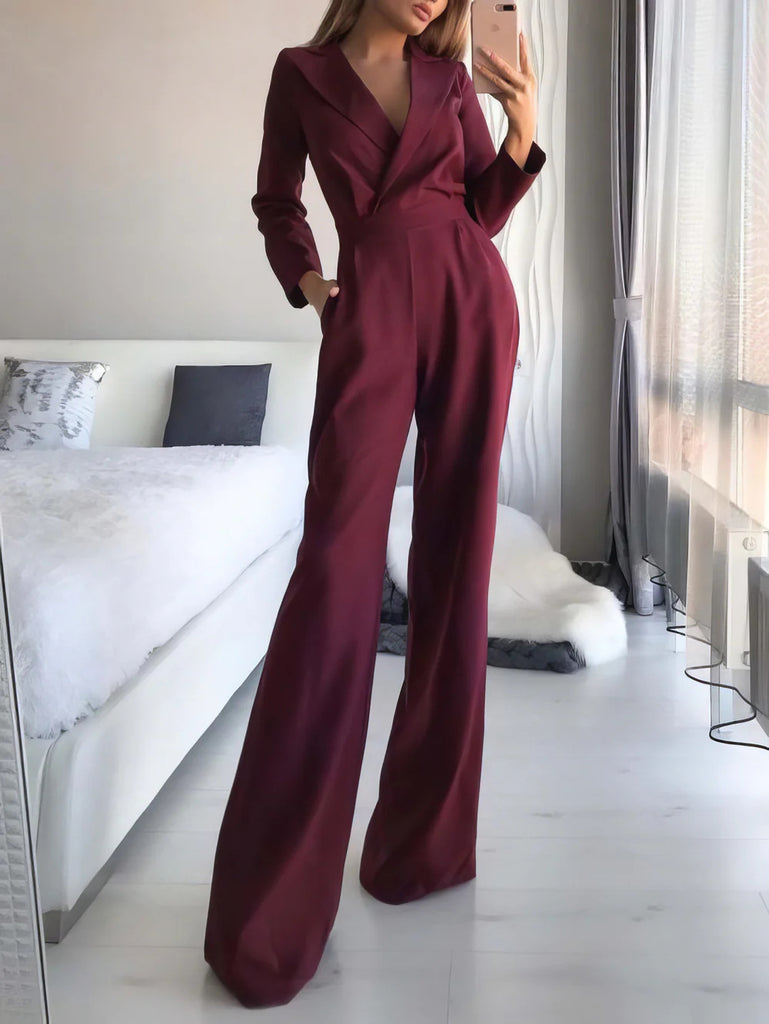Damen Jumpsuit im eleganten Business-Stil mit Tiefer V-Ausschnitt und weitem Bein WW