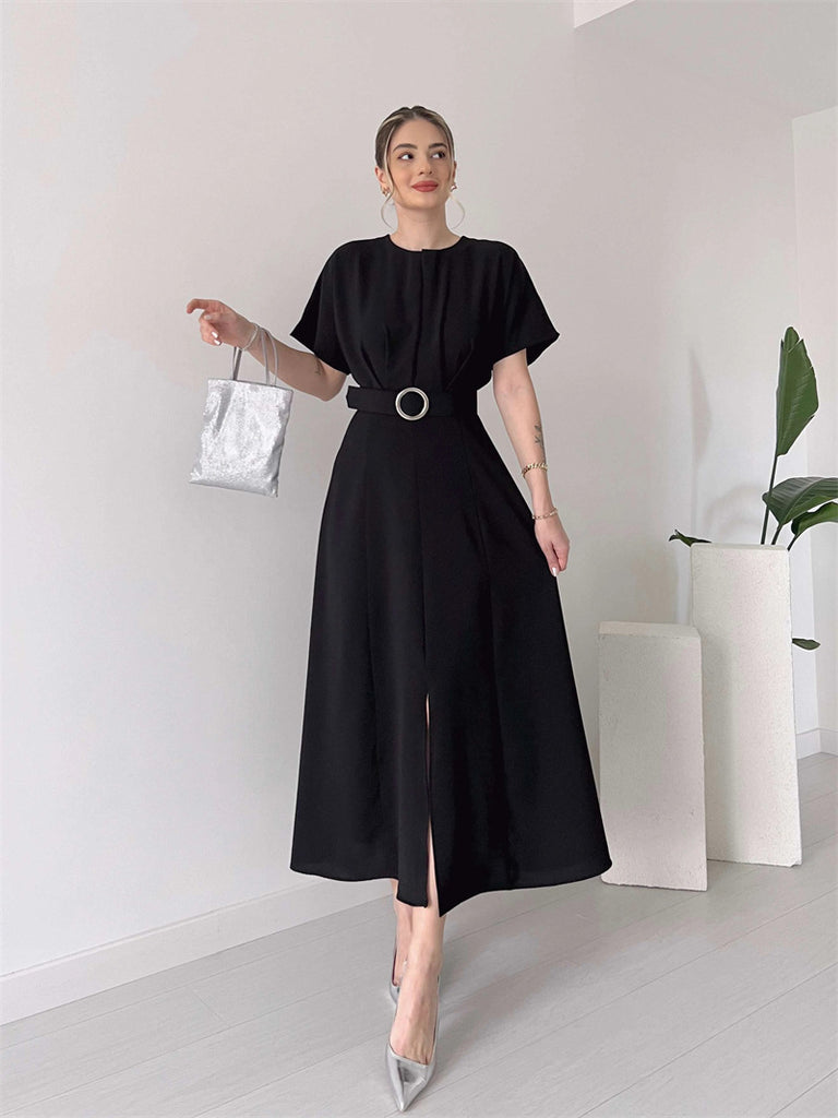 Damen Maxikleid mit Taillengürtel und puffärmeln WW