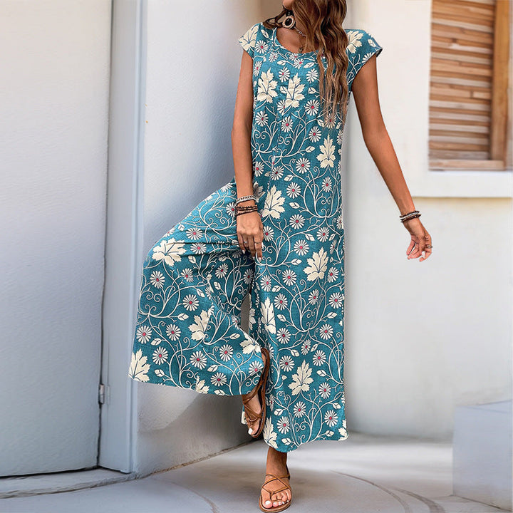 Damen Jumpsuit mit floralem Design und kastanienbraunem Bindegürtel W&W Mode