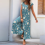 Damen Jumpsuit mit floralem Design und kastanienbraunem Bindegürtel WW